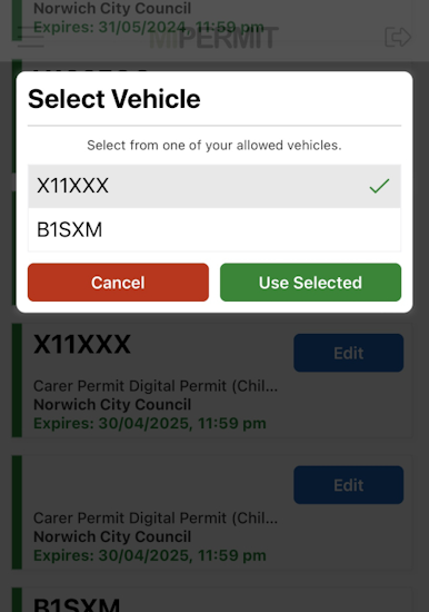 Image from MiPermit app showing the list of possible registration numbers to select from